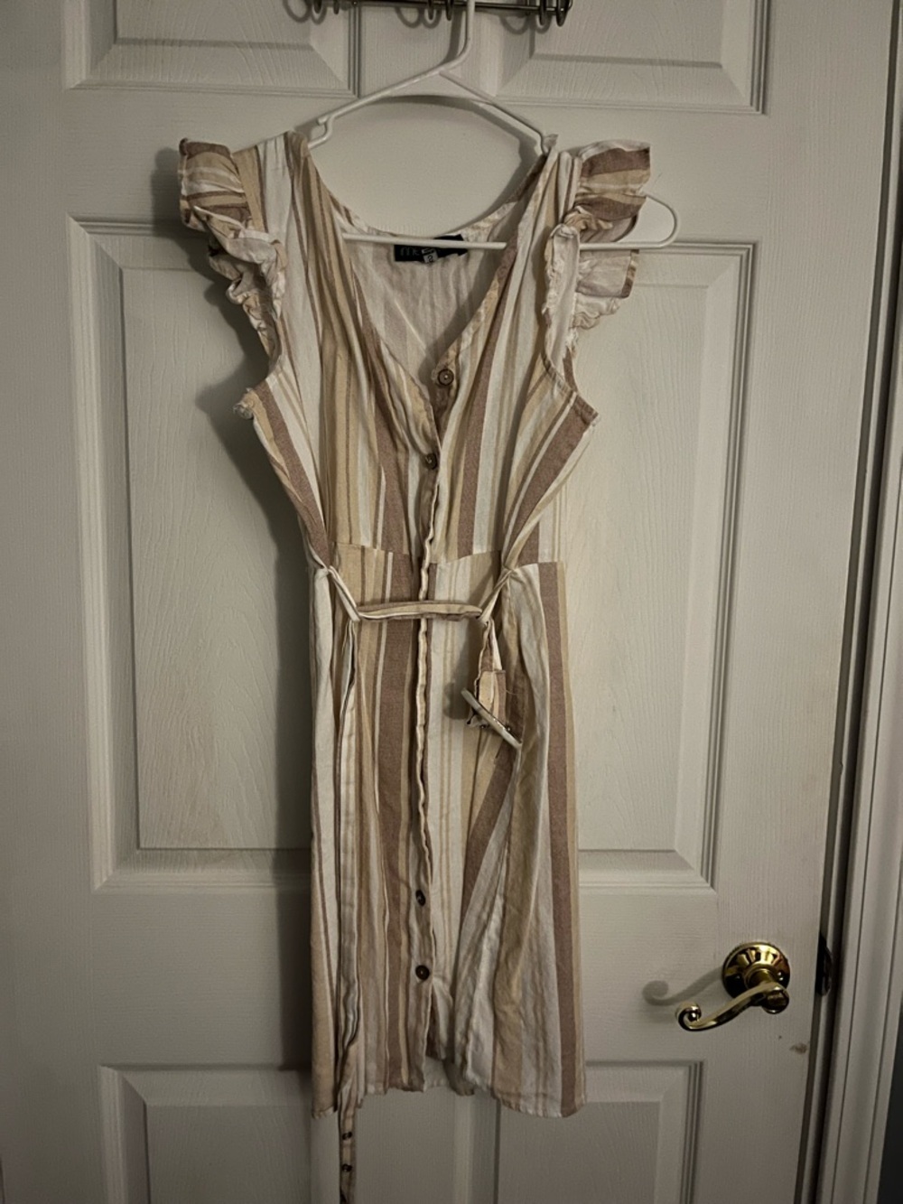 Striped Tie-Waist Ruffle Sleeve Dress - Beige/White